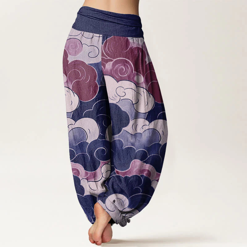 Buddha Stones Cotton Casual Auspicious Clouds Pattern Women's Elastic Waist Harem Pants