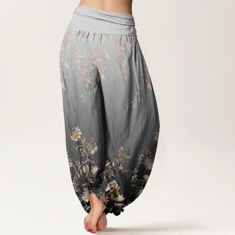 Buddha Stones Cotton Casual Gradient Delicate Floral Leaf Pattern Women's Elastic Waist Harem Pants