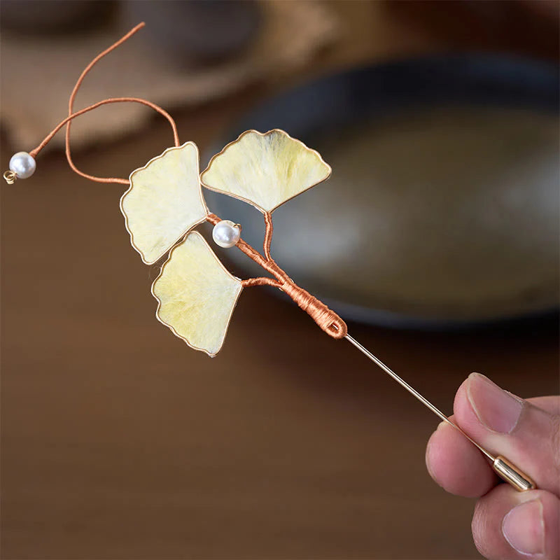 Buddha Stones Handcrafted Silk Art Velvet Flower Ginkgo Leaf Brooch