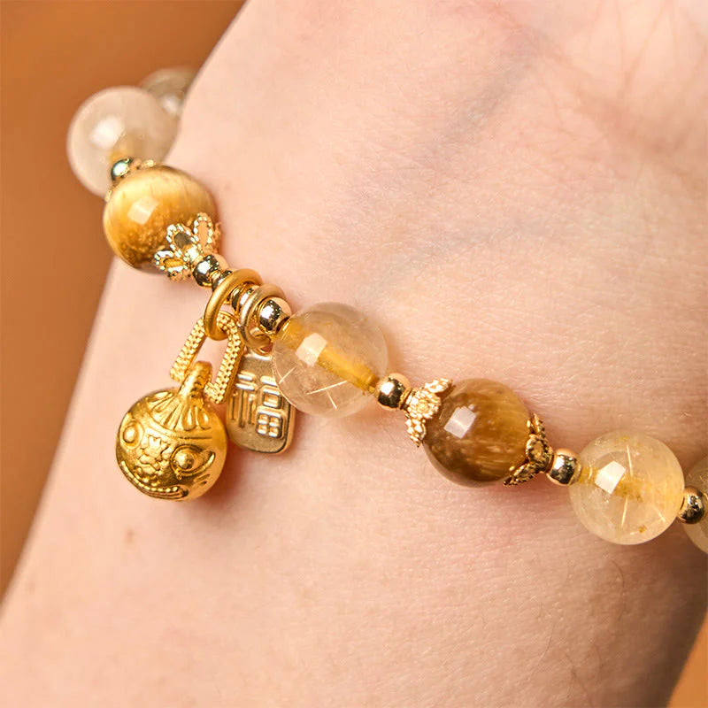 Buddha Stones Natural Rutilated Quartz Fu Character Metal Swallowing Beast Auspiciousness Bracelet