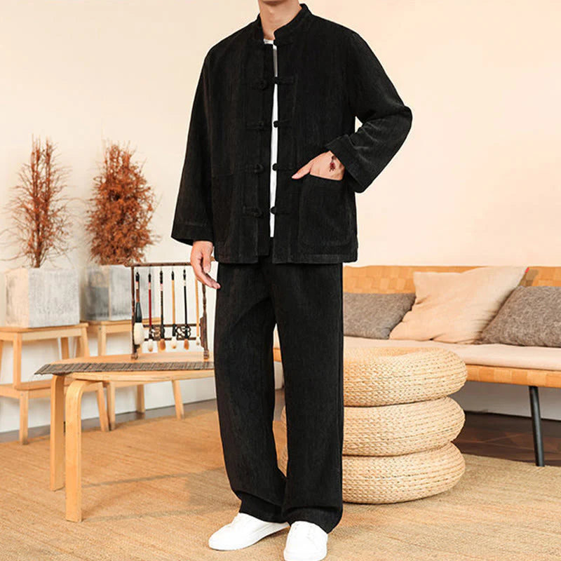 Buddha Stones 2Pcs Winter Thick Men's Tang Suit Frog-Button Cotton Corduroy Long Sleeve Jacket Pants Set With Pockets