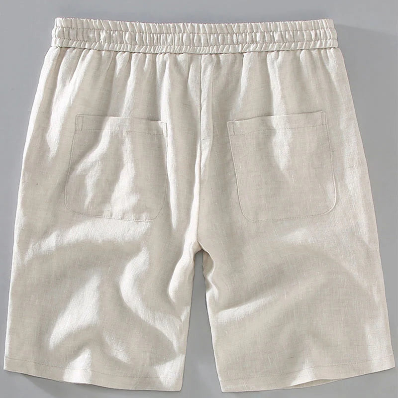Buddha Stones Summer Solid Color Drawstring Button Design Men's Linen Shorts With Pockets