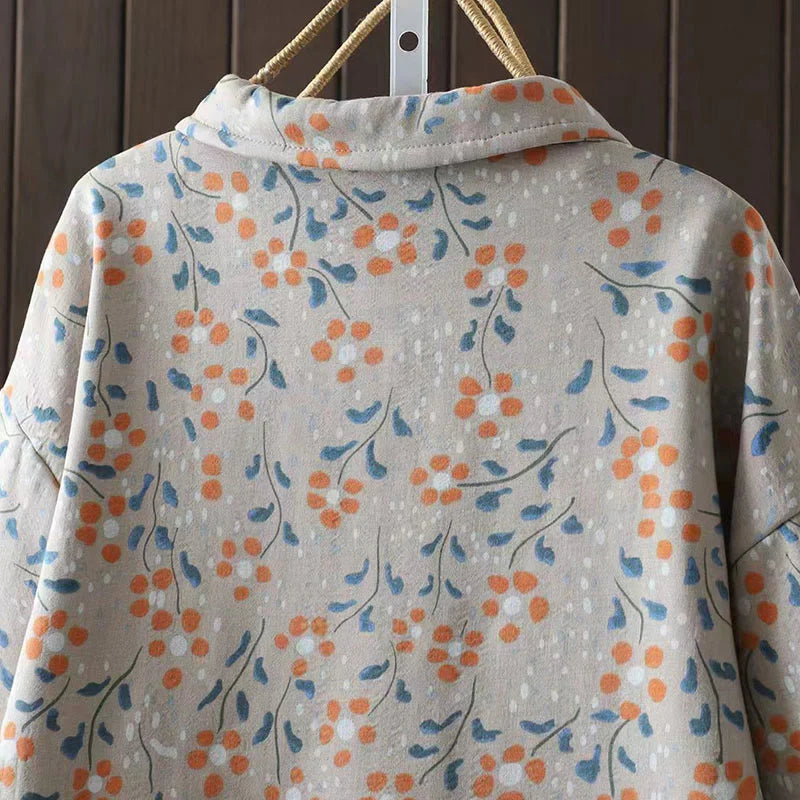 Buddha Stones Winter Flower Green Leaves Frog-Button Stand Collar Long Sleeve Women's Cotton Shirt