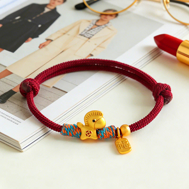 Buddha Stones 999 Sterling Silver Year of the Horse Fu Character Charm Braided String Faith Bracelet