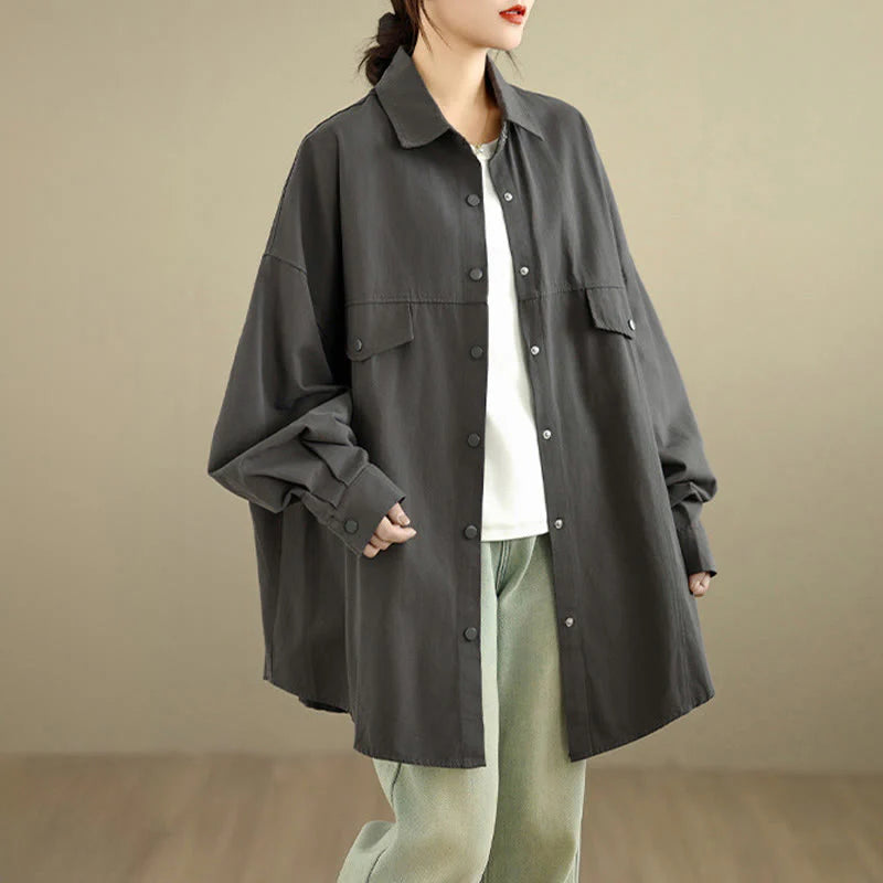 Buddha Stones Fall Pure Color Lapel Button Simple Design Women's Cotton Long Sleeve Jacket