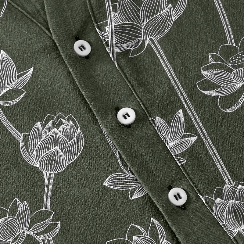 Buddha Stones Cotton Harmonious Lotus Pattern Men's Short Sleeve Half Button Shirt