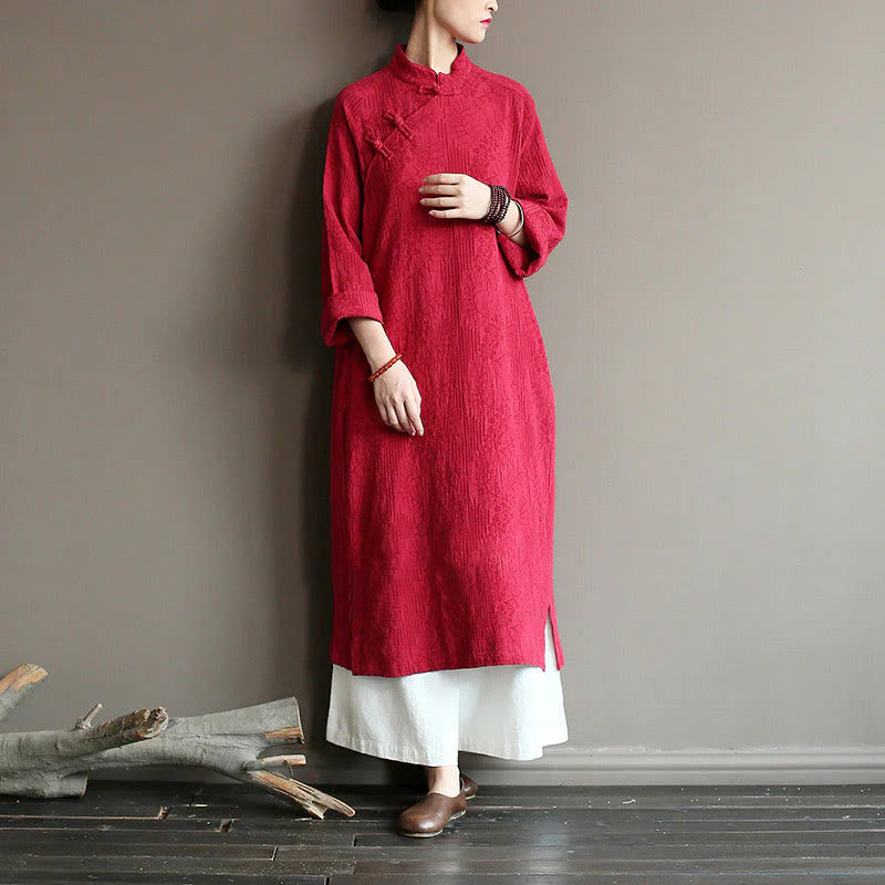 Buddha Stones Flower Jacquard Midi Dress Long Sleeve Cotton Linen Dress Wide Leg Pants With Pockets