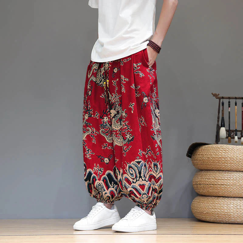 Buddha Stones Summer Dragon Drawstring Design Cotton Linen Men's Harem Pants With Pockets