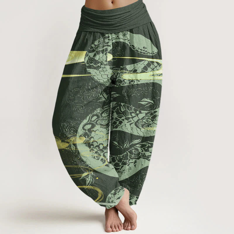 Buddha Stones Cotton Auspicious Clouds With Snake Pattern Women's Elastic Waist Harem Pants