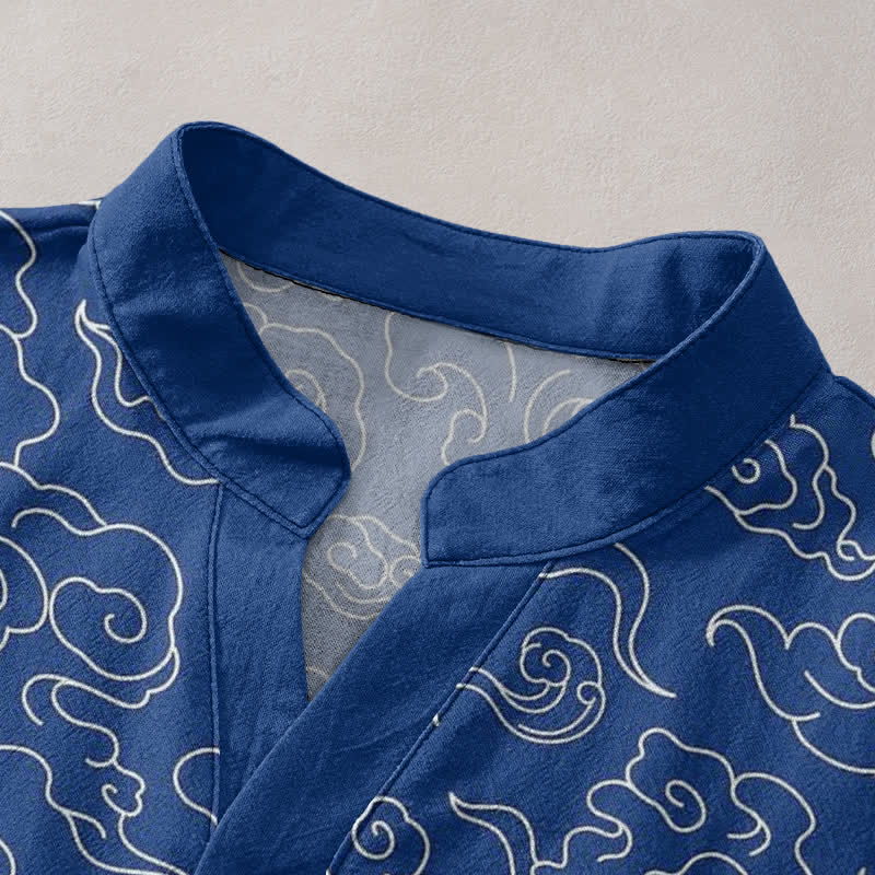 Buddha Stones Cotton Cloud Pattern Men's Short Sleeve Half Button Shirt
