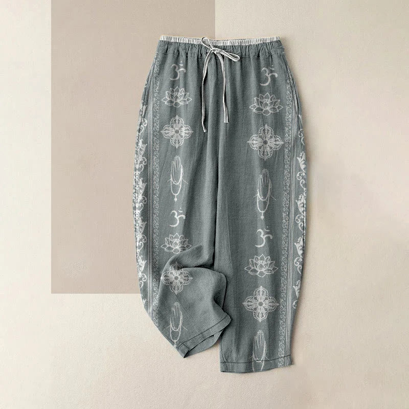 Buddha Stones Cotton Casual Lotus Flowers Double Dorje Vajra Namaste Om Design Women's Elastic Waist Pants With Pockets