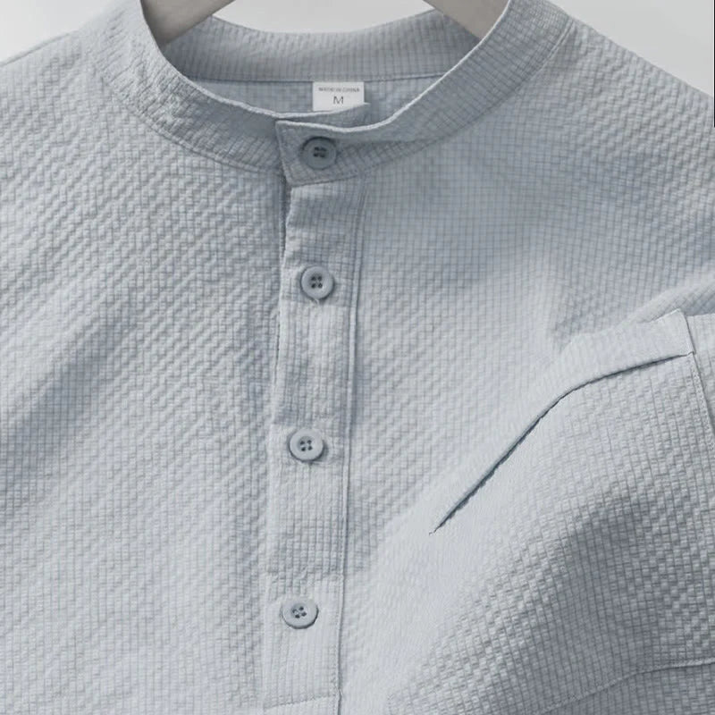 Buddha Stones Solid Color Polo Plaid Half Buttons Men's Short Sleeve Shirt