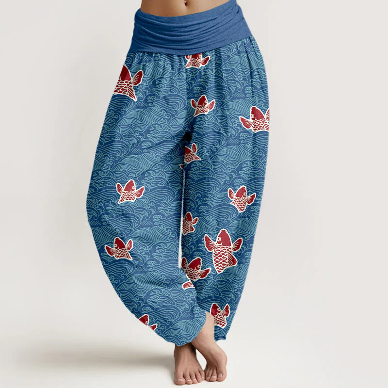 Buddha Stones Print Koi Fishes Waves Pattern Women's Elastic Waist Harem Pure Cotton Pants
