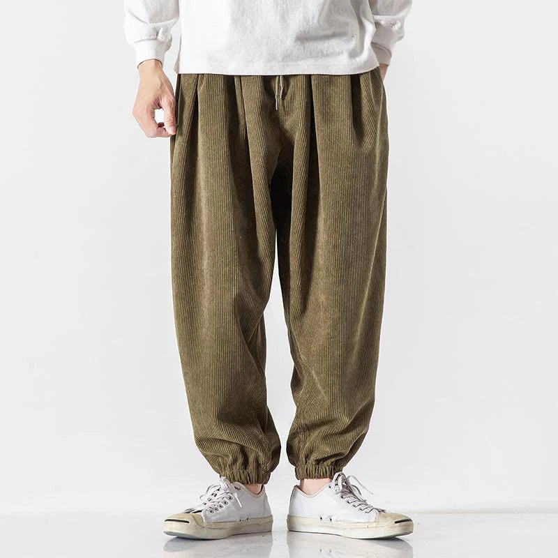 Buddha Stones Casual Pure Color Men's Drawstring Corduroy Harem Ankle-Length Pants With Pockets