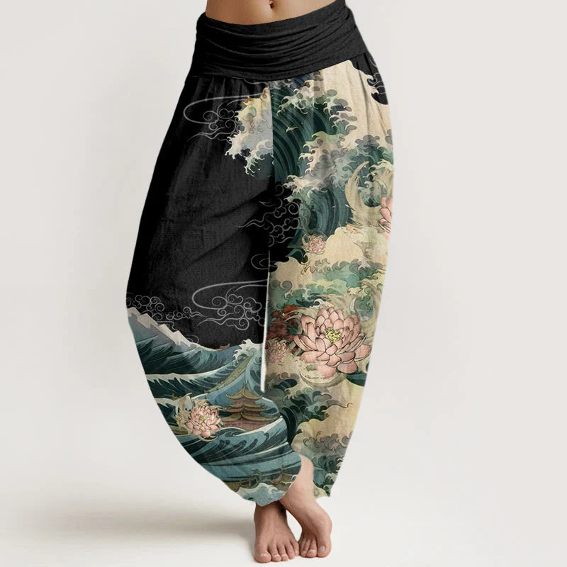 Buddha Stones Cotton Casual Blooming Lotuse Wave Pavilion Pattern Women's Elastic Waist Harem Pants