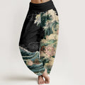 Buddha Stones Cotton Casual Blooming Lotuse Wave Pavilion Pattern Women's Elastic Waist Harem Pants