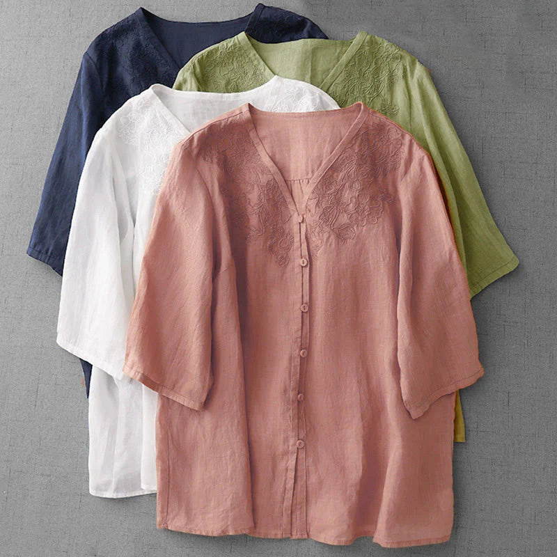 Buddha Stones Artistic Pure Color Embroidered Front Button Design Women's Cotton Half Sleeve Shirt Cardigan