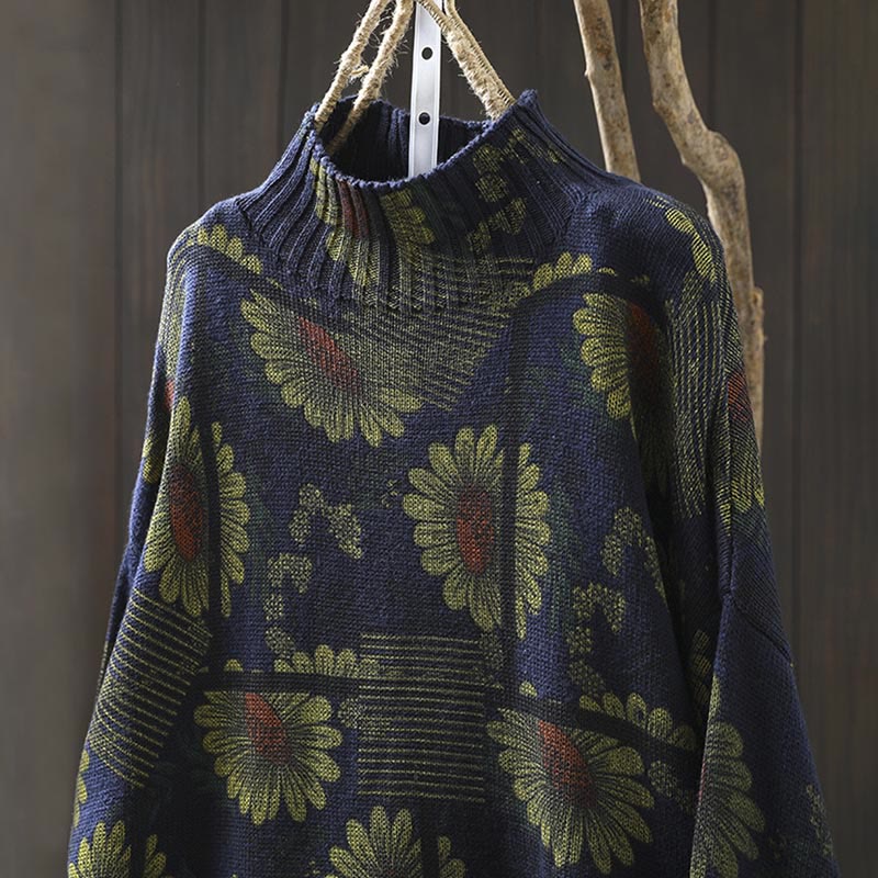 Buddha Stones Sunflower Pattern Mock Neck Long Sleeve Women's Cotton Sweater