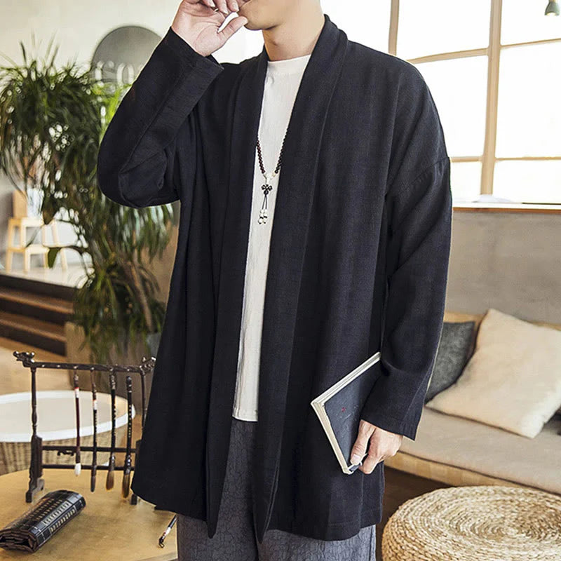 Buddha Stones Fall Simple Casual Cotton Linen Men's Mid-length Coat Clothing