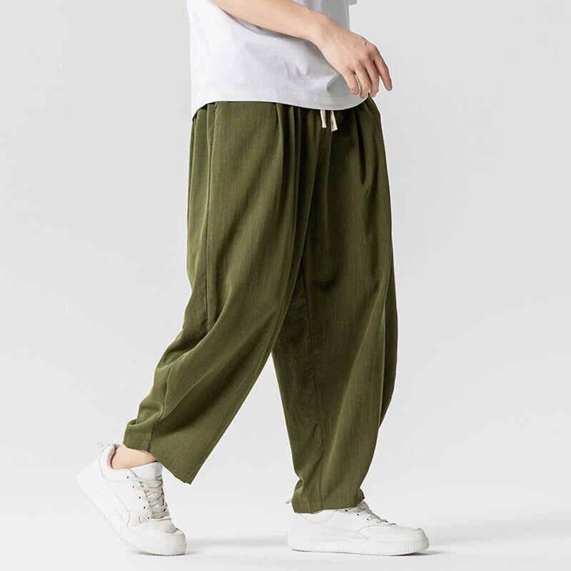 Buddha Stones Summer Pure Color Drawstring Men's Cotton Ankle-Length Pants With Pockets