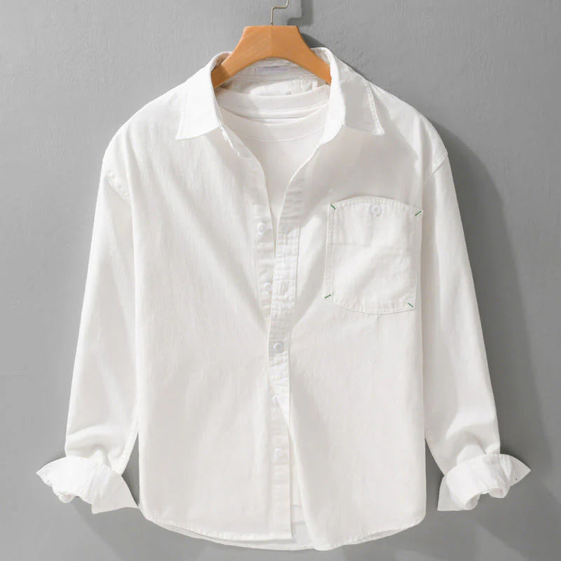 Buddha Stones Solid Buttons Down Decorative Pocket Men's Stand Collar Long Sleeve Cotton Shirt