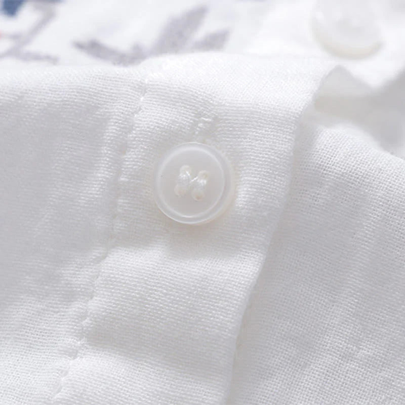 Buddha Stones Fall White Geometric Striped Flower Embroidery Button Women's Cotton Long Sleeve Shirt