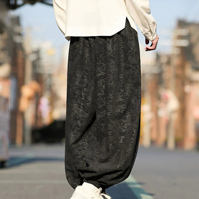 Buddha Stones Black Jacquard Drawstring Elastic Cuff Men's Harem Pants With Pockets