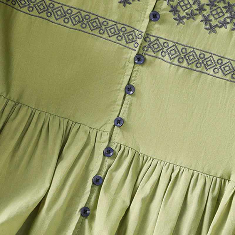 Buddha Stones Embroidery Pleated Buttons Long Lantern Sleeve Women's Cotton Shirt