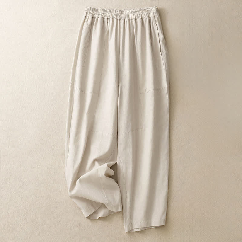 Buddha Stones Spring Solid Color Elastic Waist Cotton Women's Straight Leg Pants With Pockets