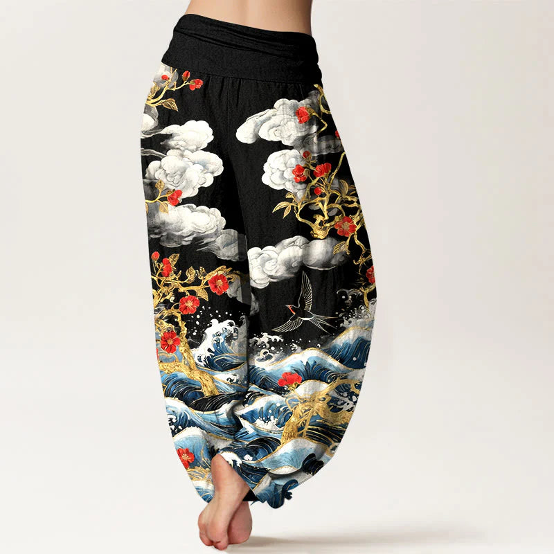 Buddha Stones Pure Cotton Auspicious Clouds Red Blossoms Swallow Ocean Waves Women's Elastic Waist Harem Pants