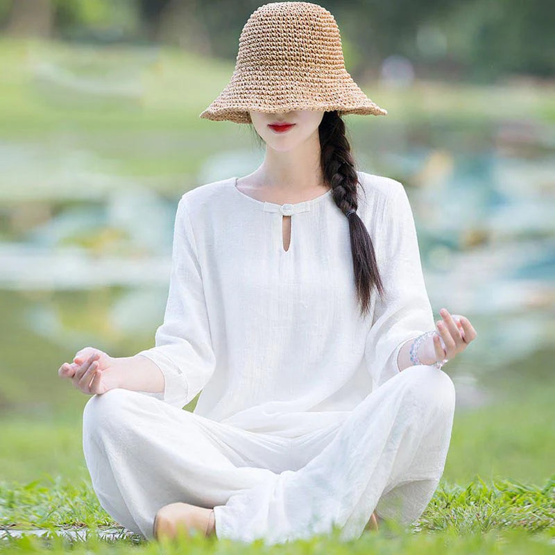 Buddha Stones 2Pcs Plain Design Top Pants Meditation Yoga Zen Tai Chi Cotton Linen Clothing Women's Set (Extra 30% Off | USE CODE: FS30)