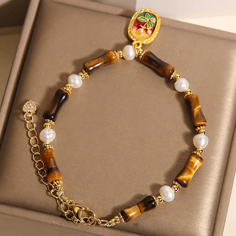 Buddha Stones Natural Bamboo Tiger Eye Pearl Strength Bracelet