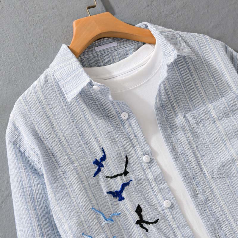Buddha Stones Embroidery Bird Striped Pattern Long Sleeve Men's Cotton Shirt With Pocket