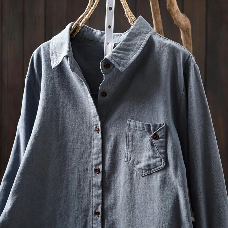 Buddha Stones Fall Buttons Down Pocket Decor Design Women's Stand Collar Long Sleeve Cotton Shirt