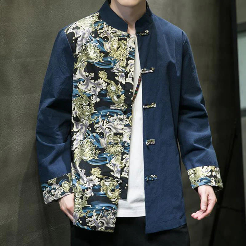 Buddha Stones Printed Color Contrast Dragon Pattern Frog-button Long Sleeve Men's Cotton Jacket