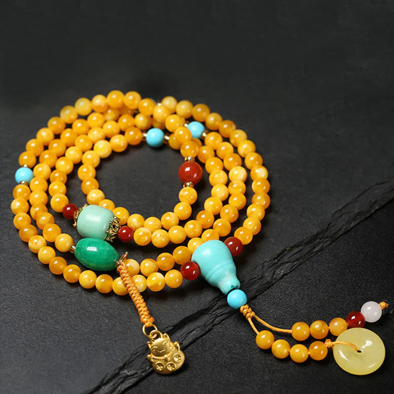 Buddha Stones 108 Beads Peace Buckle Lucky Cat Amber Auspicious Fortune Mala