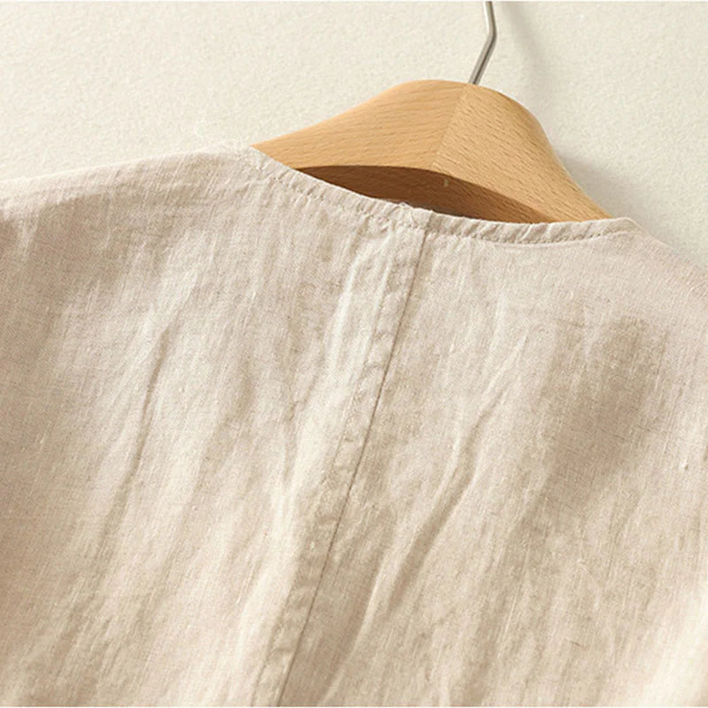 Buddha Stones Summer Solid Color V-Neck Buttons Simple Design Women's Short Sleeve Shirt