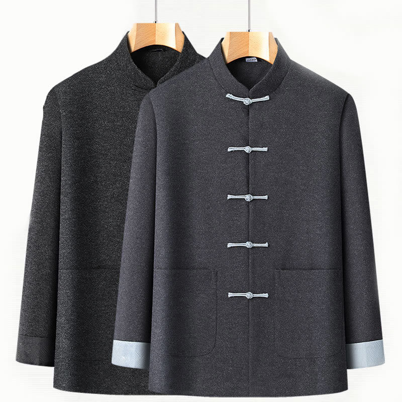 Buddha Stones Men's Fall Pure Color Frog-button Long Sleeve Cotton Tang Suit Jacket With Pockets