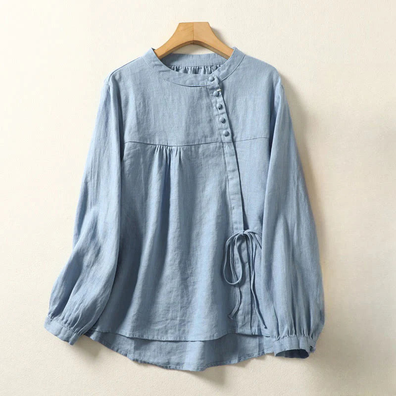 Buddha Stones Fall Casual Solid Color Stand Collar Long Sleeve Cotton Linen Women's Shirt