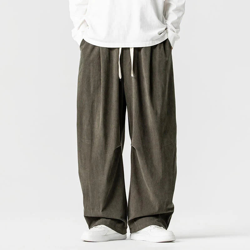 Buddha Stones Winter Drawstring Corduroy Cotton Men's Wide Leg Pants With Pockets