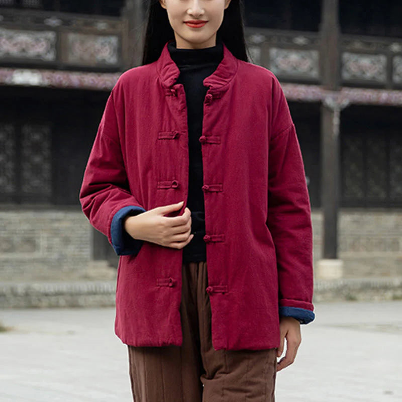 Buddha Stones Winter Solid Frog-Button Long Sleeve Cotton Women's Thermal Jacket With Pockets