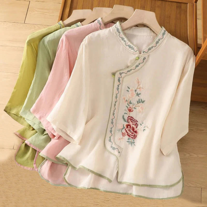 Buddha Stones Casual Ethnic Style Embroidery Flower Pattern Frog-Button Stand Collar Women's Cotton Linen Shirt