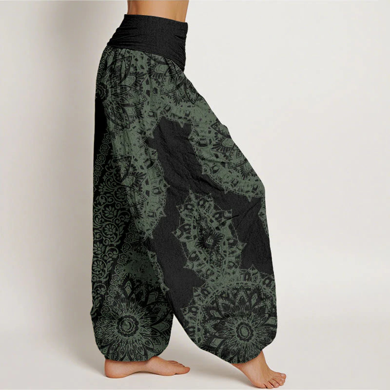 Buddha Stones Cotton Mandala Pattern Parallel Flowers Women's Elastic Waist Harem Pants