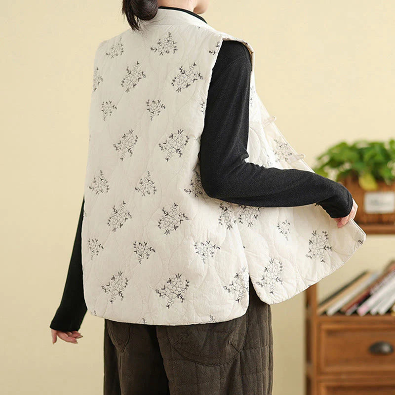 Buddha Stones Embroidered Frog-Button Women's Sleeveless Cotton Vest Waistcoat With Pockets