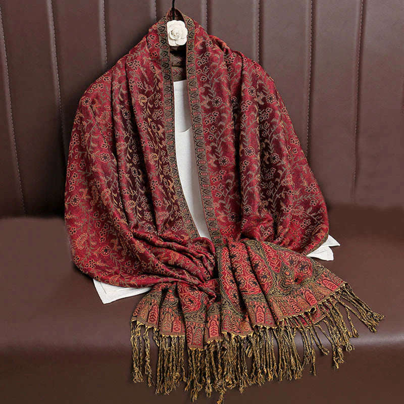 Buddha Stones Tibetan Jacquard Paisley Flower Pattern Color Contrast Design Tassel Cozy Scarf Shawl