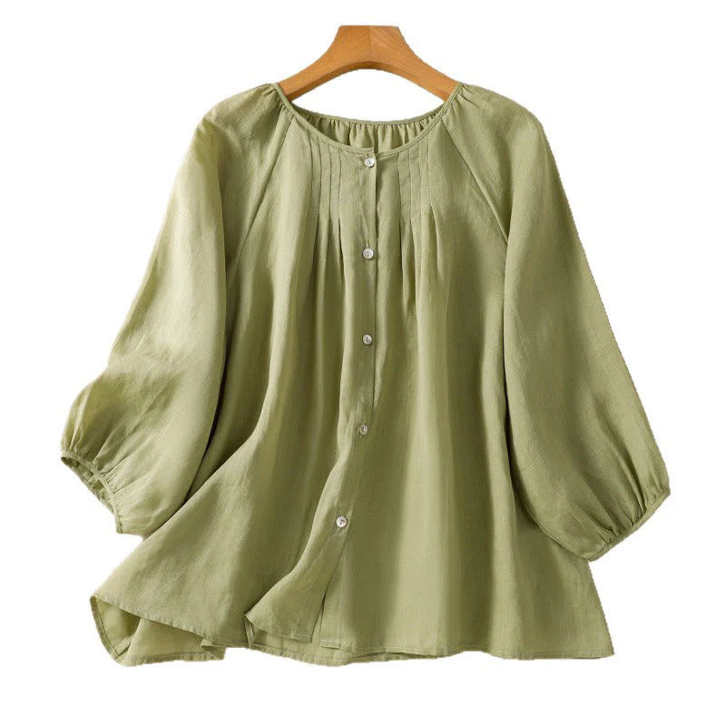 Buddha Stones Plain Button Crew Neck Three Quarter Sleeve Women's Cotton Shirt