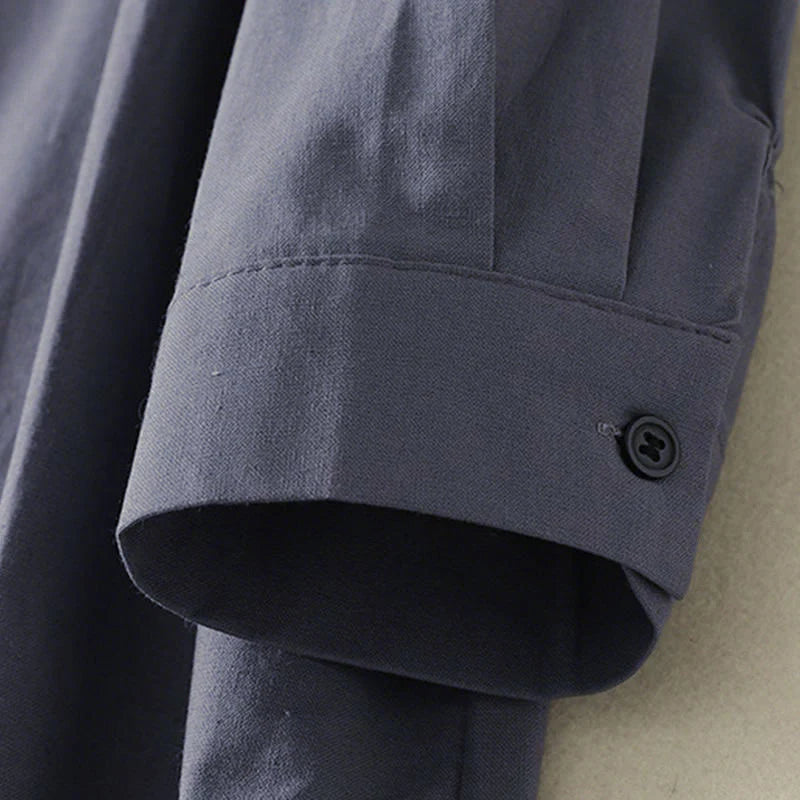 Buddha Stones Fall Solid Color Lapel Buttons Long Sleeve Cotton Midi Dress With Pockets
