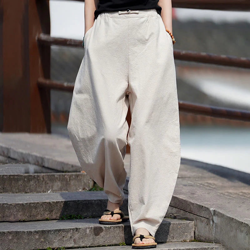 Buddha Stones Summer Plain One Chinese Frog-Button Straight Leg Design Men's Cotton Linen Pants With Pockets