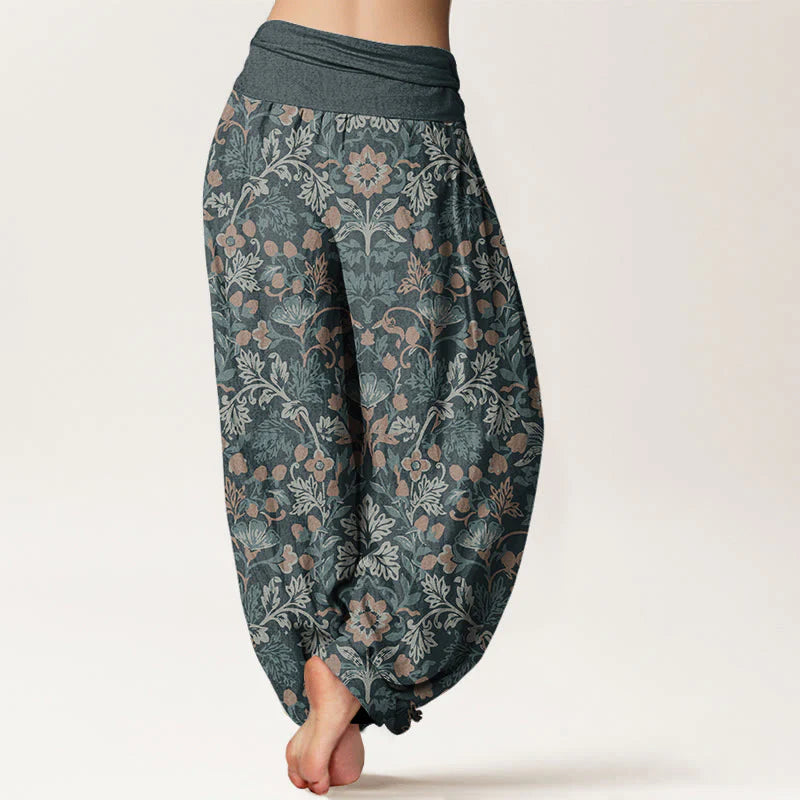 Buddha Stones Pure Cotton Casual Flower Vine Leaves Pattern Women's Elastic Waist Harem Pants