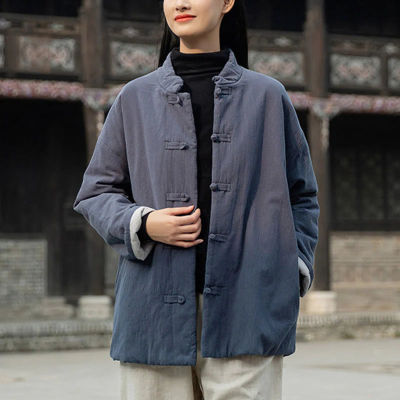 Buddha Stones Winter Solid Frog-Button Long Sleeve Cotton Women's Thermal Jacket With Pockets